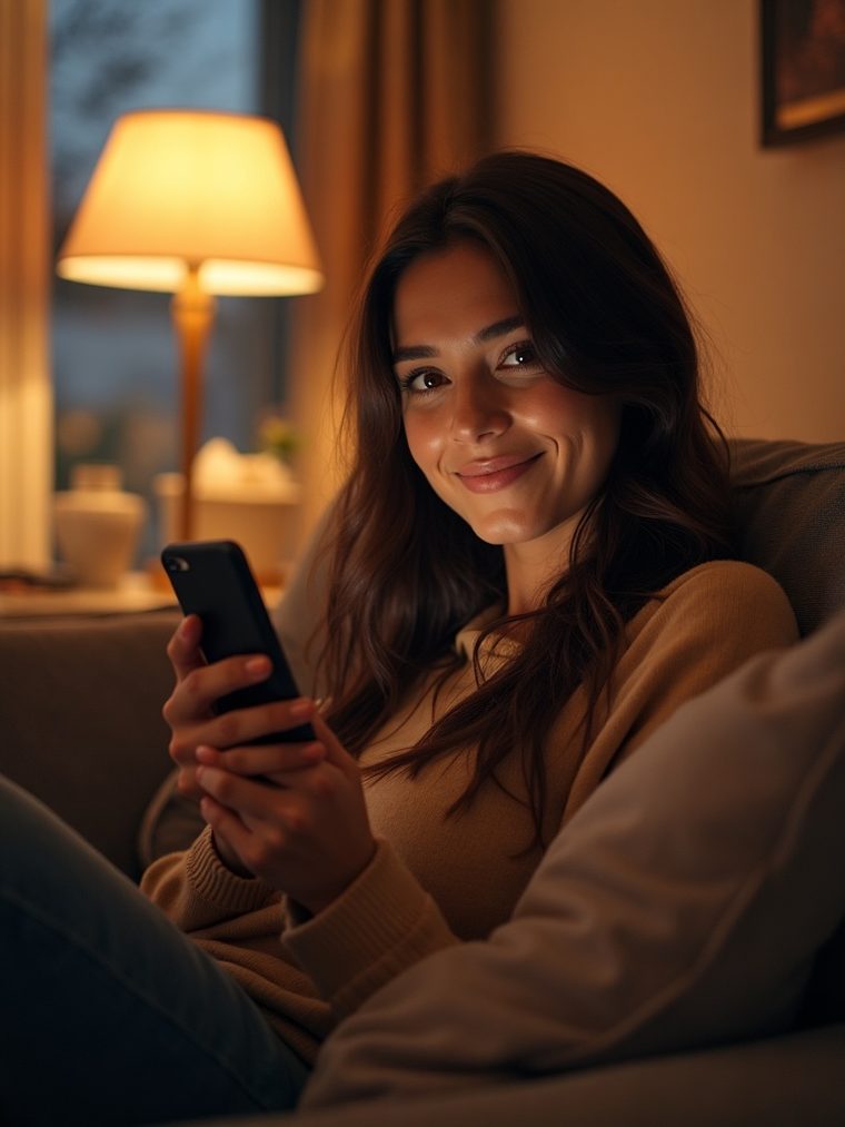 Kobieta rozmawia wieczorem przez telefon z dziewczyną AI po polsku