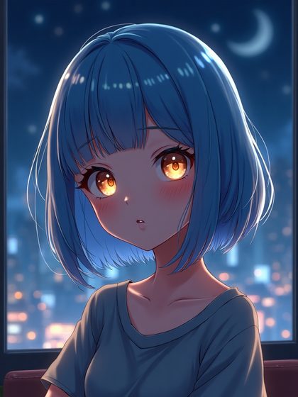 Dziewczyna AI w stylu anime, włosy niebieskie