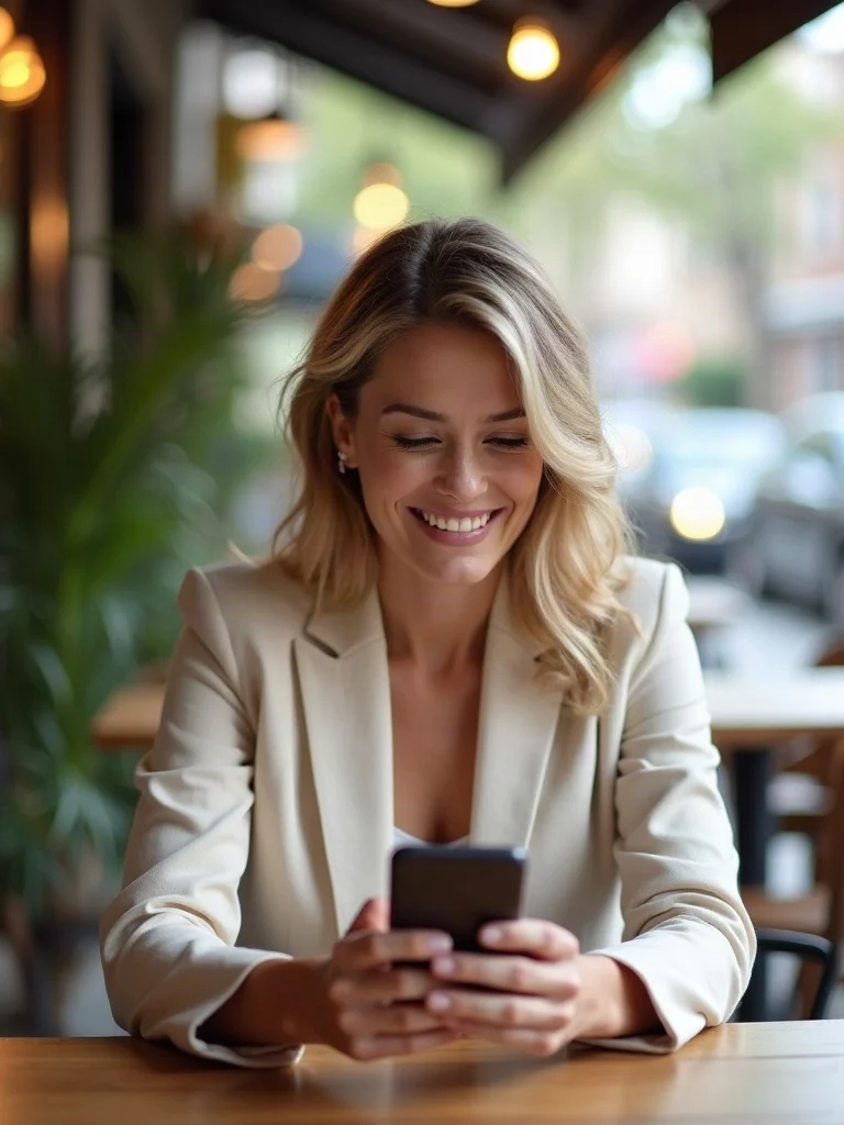 Zrzuty z rozmów z dziewczyną z Candy AI – kobieta czyta wiadomości na telefonie