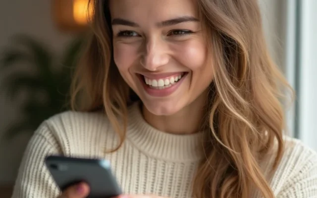 Co to jest Candy AI – uśmiechnięta kobieta rozmawia z wirtualną dziewczyną AI na telefonie